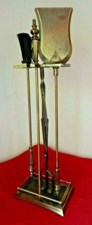 Vintage Brass 4 Piece Fireplace Tool Set Stand - Shovel - Tongs - Broom 31 "