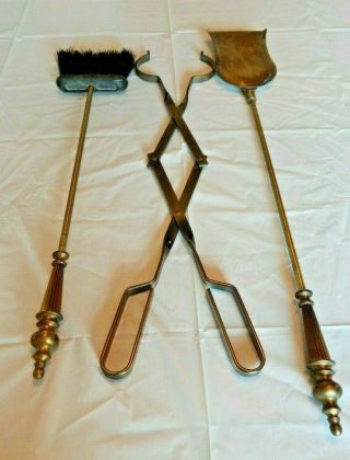 Vintage Brass 4 Piece Fireplace Tool Set Stand - Shovel - Tongs - Broom 31 
