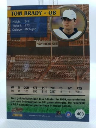 2000 Pacific 403 Tom Brady RC Rookie England Patriots Ready for Grading 3