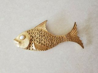 Large Vintage Gold Tone Large Fish 4 1/8 " W/ White Stone Eye Brooch