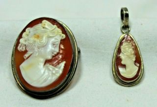 2 Vintage 800 Silver 222na? Carved Shell Cameo Pin Pendant