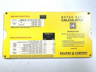 1973 Motor Data Calculator Vintage Slide Rule Wire Conduit Data Square D Company