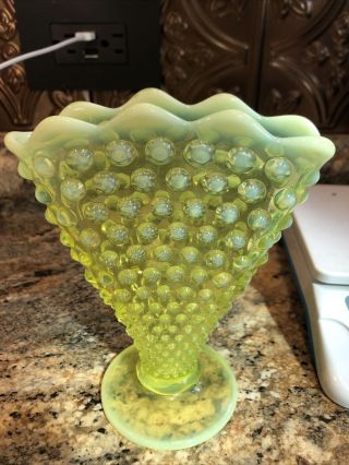 Antique Vaseline Uranium Opalescent Glass Hobnail Fan Vase 6” Tall