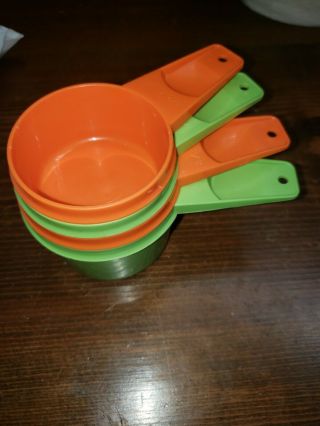 Vintage 4 Pc Orange/green Tupperware Measuring Cups 1/3 1/2 2/3 3/4