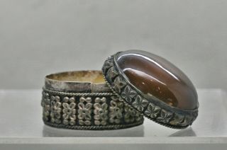Exquisite Vintage Carved Silver Alloy Trinket Box Set W/amber Stone