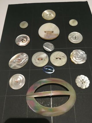 13 Vintage Assorted Carved Mother Of Pearl Buttons,  2 Buckles
