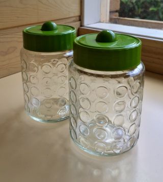 X2 Vintage Nescafe Bauble Glass Jars With Green Plastic Lid