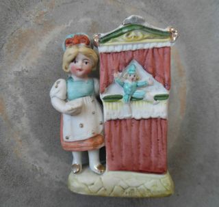 Antique Hand Painted Ceramic Bisque Punch & Judy Puppet Show Vase