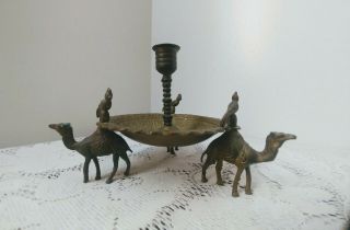 Antique Vtg Ornate Brass Candlestick Holder W/ 3 Camels & 3 Birds