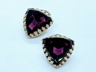 Vintage Triangle Faceted Purple Amethyst Glass Rhinestone Large Clip On Earrings