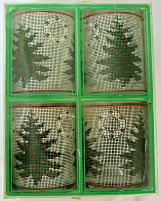 Culver Set Of 4 Christmas Tree Needlepoint Glasses 429 - 044 Vintage Barware Nib