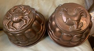 Antique Copper Jelly Pudding Tin Lined Molds Rooster Spider