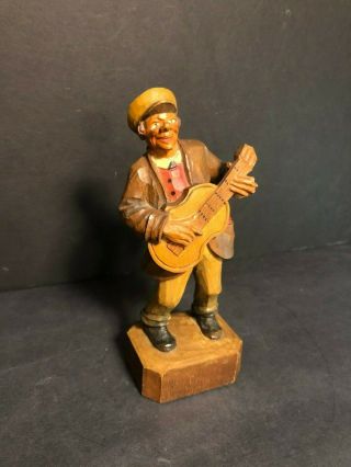 Rare Antique Early Anri Italy Folk Art Wood Carving Musician Man W/ Guitar 50/22