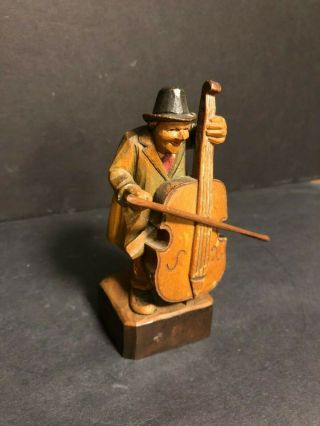 Rare Antique Early Anri Italy Folk Art Wood Carving Musician Man Playing Chelo