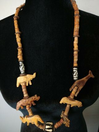 Necklace Vintage Hand Carved Wooden Safari African Animal African Beads Necklace