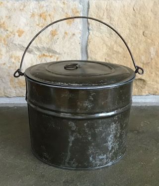 Vintage Lidded Tin Berry Bucket Lunch Pail With Bale Handle