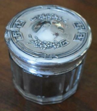Lovely Antique English Sterling Silver Topped Geometric Floral Glass Vanity Jar