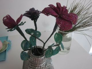 Vintage Antique Glass Seed Bead Flower Roses Set Of (3)
