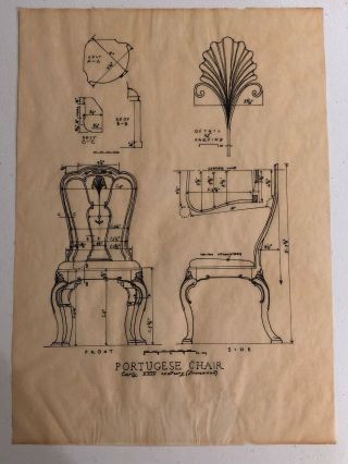 Rare Antique Hand Drawn Sketch Of A Portugese Chair Drafting Drawing Sketch