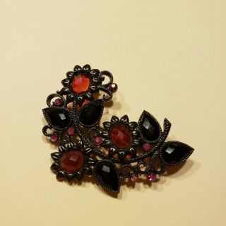 Vintage Red And Black Faux Gemstone Brooch Valentine 