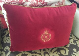 Vintage Chaps Ralph Lauren Throw Pillow Red Velvet Metallic Embroidery Crest