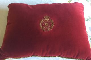 Vintage Chaps Ralph Lauren Throw Pillow Red Velvet Metallic Embroidery Crest 2