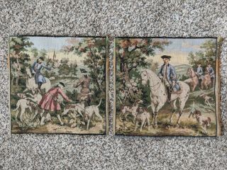 2 Vintage Tapestries Of Hunting Scenes 10 " X 10 "
