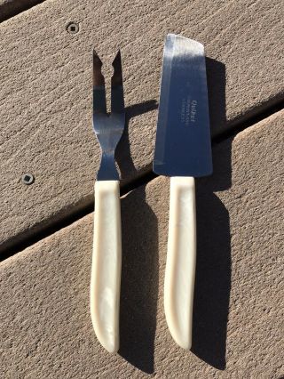 Vintage Quikut 2 Pc Stainless Steel Rare Cheese Knife And Relish Fork Set