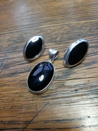 Vintage Mexico 925 Sterling Silver & Black Onyx Pendant And Earring Set Taxco