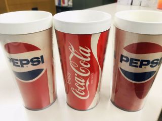 Set Of 3 Vintage Pepsi & Coca Cola Coke Thermo - Serv Tumbler Cup Plastic Drink