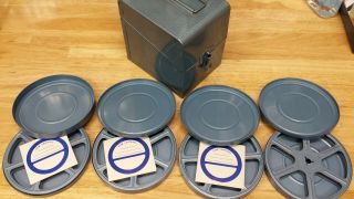 4 Vintage 8mm Movie Film Reels Tin Canister Containers With Carry Case Box