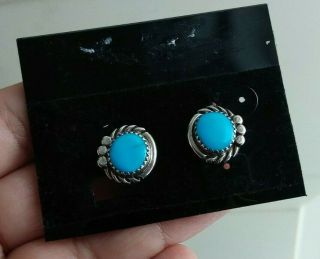 Vintage Navajo Sterling Silver Clips On Turquoise Earrings 1/2 " 4.  5 Gr