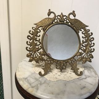 Antique Standing Vanity Mirror With Brass Peacocks On Both Sides
