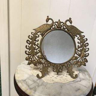 Antique Standing Vanity Mirror with Brass Peacocks on both sides 3