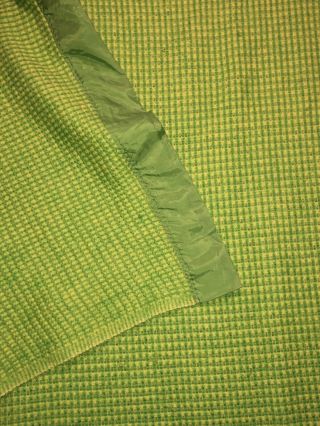 Vintage Satin Trim Acrylic Blanket Green Yellow Checked Waffle Weave 76 X 76