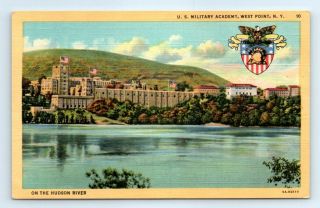 Postcard Ny West Point Us Military Academy On The Hudson River Linen View Vtg K8