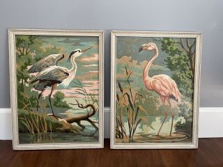 Two Vintage Paint By Numbers Painting Framed Retro Tropical Flamingo & Heron