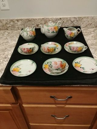 Vintage Hand Painted Japan Eggshell Porcelain 13 Piece Rose Tea Set 2