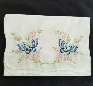 Vintage Hand Embroidered Dresser Scarf Butterflies,  Flowers 13 X 37