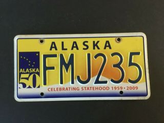 2009 Alaska License Plate Fmj235 Celebrating Statehood 1959 - 2009 50 Years
