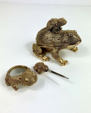 Vintage Jeweled Frog Desk Set Trinket Box W/ Magnifying Glass And Letter Opener