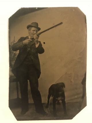 Rare Antique Man With Gun And Dog Tintype Photo