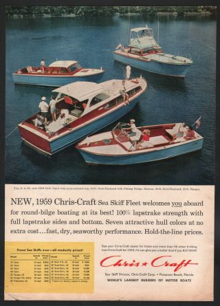 1959 Chris - Craft Boat Print Ad Semi - Enclosed 40’ Sea Skiff Fleet