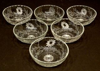 Set Of 6 Antique Vintage Heisey Etched Wheel Cut Flower Glass Bowl / Signed