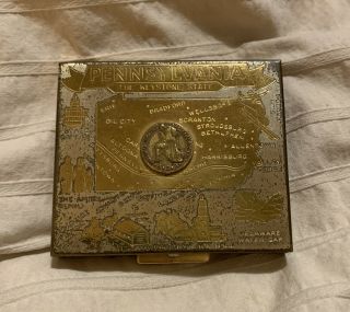 Vintage Wadsworth Brass Makeup Compact Powder Mirror Pennsylvania Souvenir