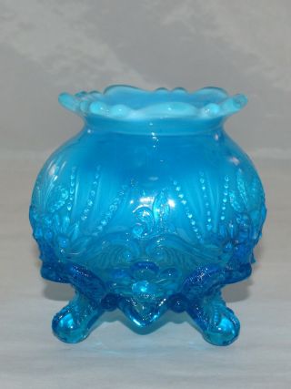 Antique Blue Opalescent Glass Piasa Bird Pattern Rose Bowl Spittoon Whimsey
