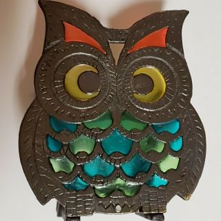Vintage Cast Iron Owl Stained Glass Napkin Letter Holder 5.  25 "