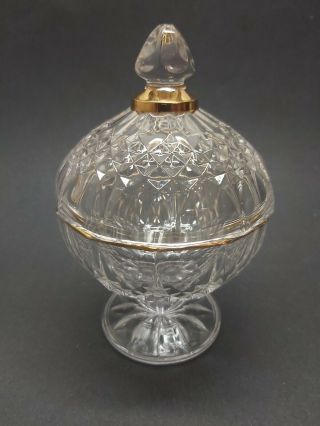 Vintage Clear Crystal Glass Candy Dish With Lid And Gold Trim