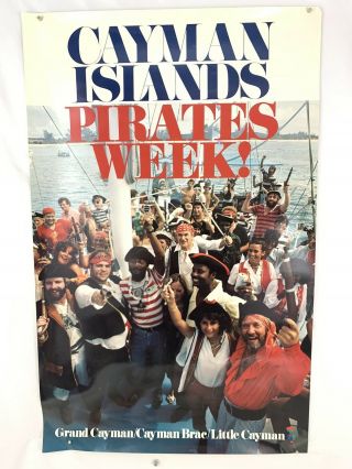 Rare Travel Poster 33x21 Government Tourism Cayman Islands Pirate Week Costume