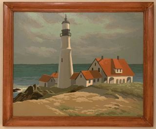 Vintage Lighthouse Seascape Painting Mid Century Modern Paint By Numbers 16 X 20